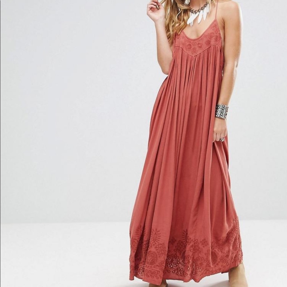 Free People pink flowy embroidered maxi dress